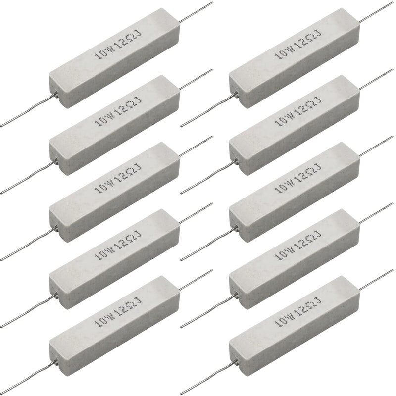 Dimlove Cement Resistor,10 PCS 10w 12 ohm 5% Axial Lead Wire Resistor White Wound Fixed Ceramic Cement Resistors Wirewound Cement Power Resistors Flame Heat Moisture Resistance Precharge Horizontal Resistors - Image 1